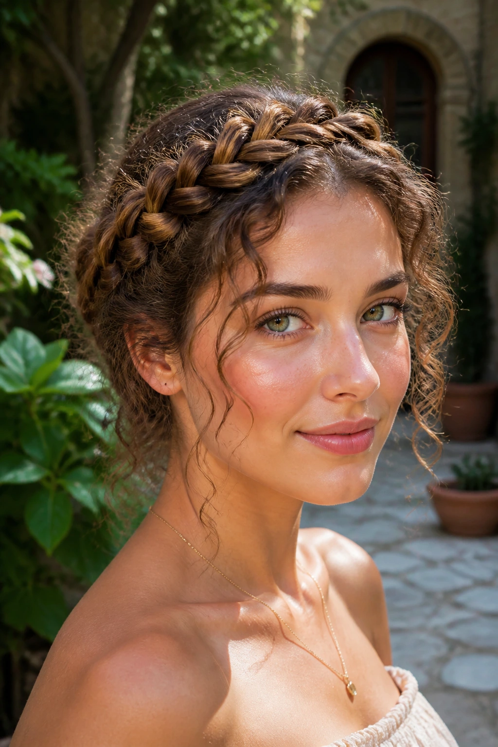 Close-up of a real woman with a braided crown and loose curls at the temples in a sunlit garden.