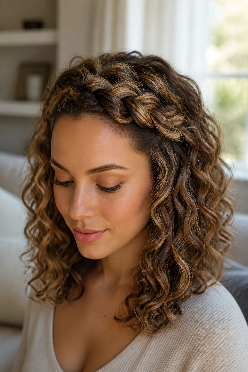 Close-up of a woman with a braided crown and caramel highlights in curly hair