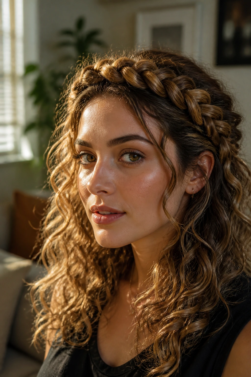 Real woman with braided crown and loose curls in sunlit living room