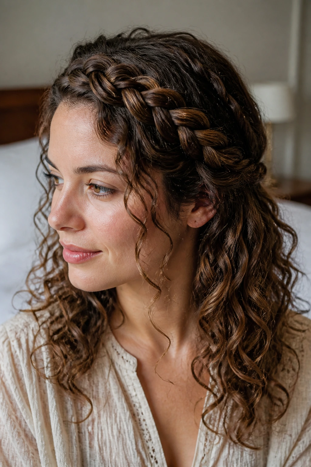 Close-up of real person wearing a loose braided crown with curly ends