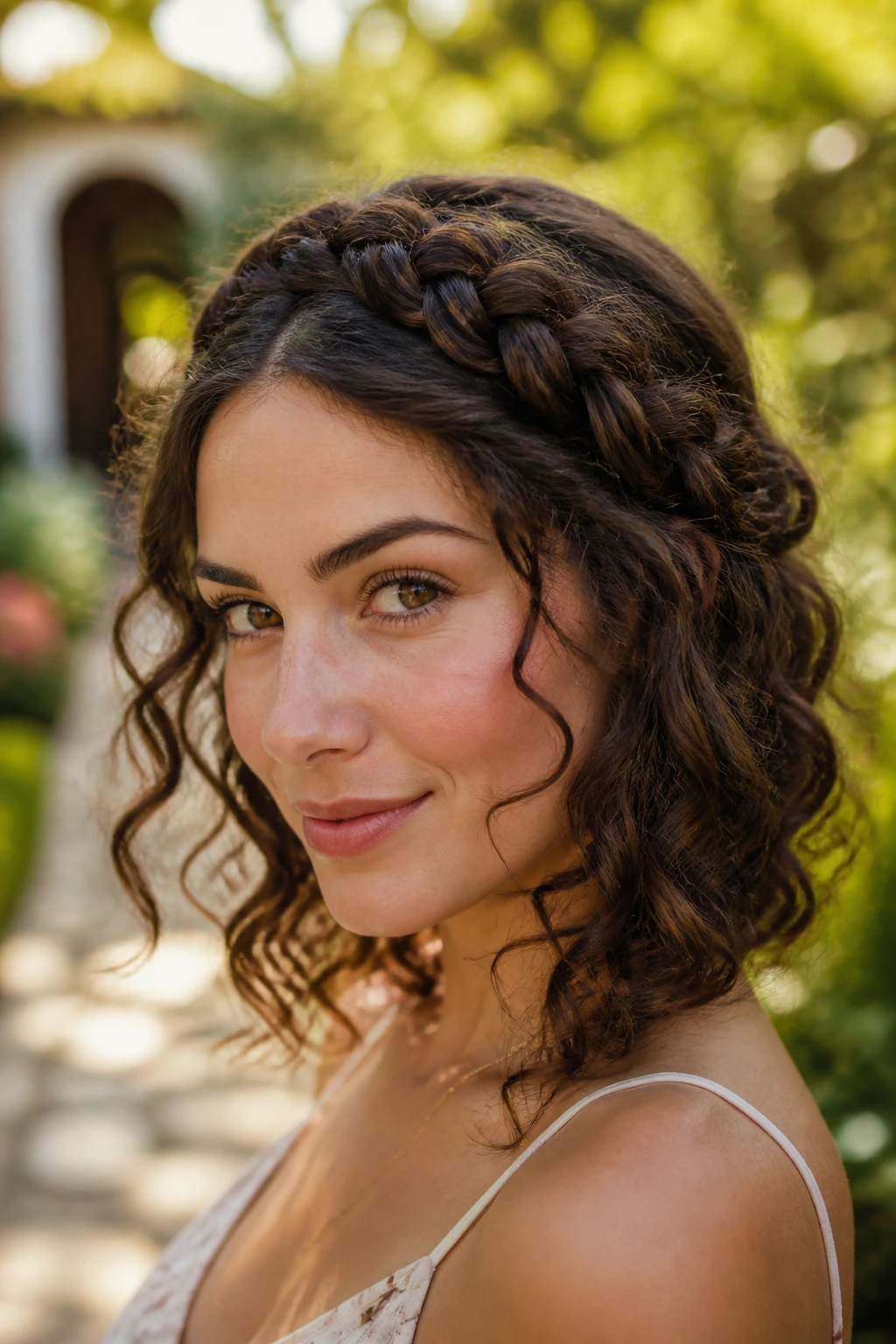 Close-up of a real woman wearing a braided crown with loose curls.