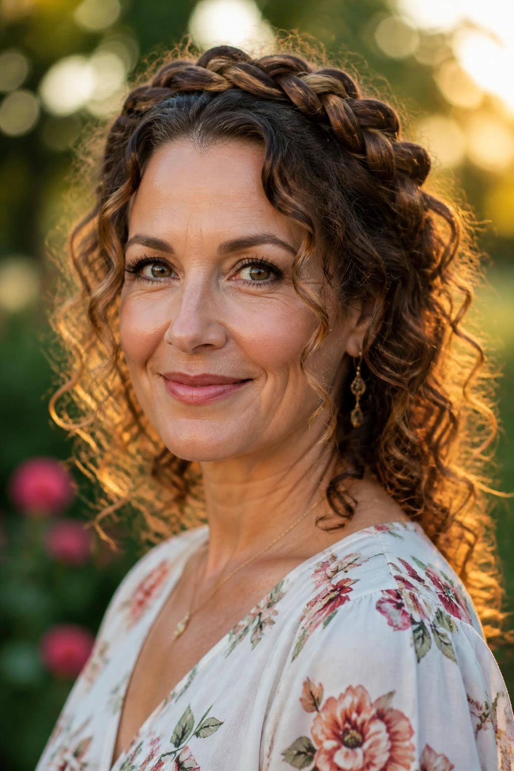 Portrait of a woman with a braided crown and loose curls around the face.