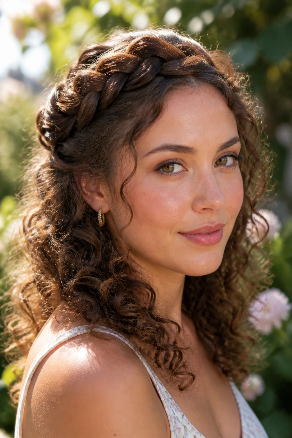 Close-up portrait of a woman with braided crown and loose curls in sunlit garden