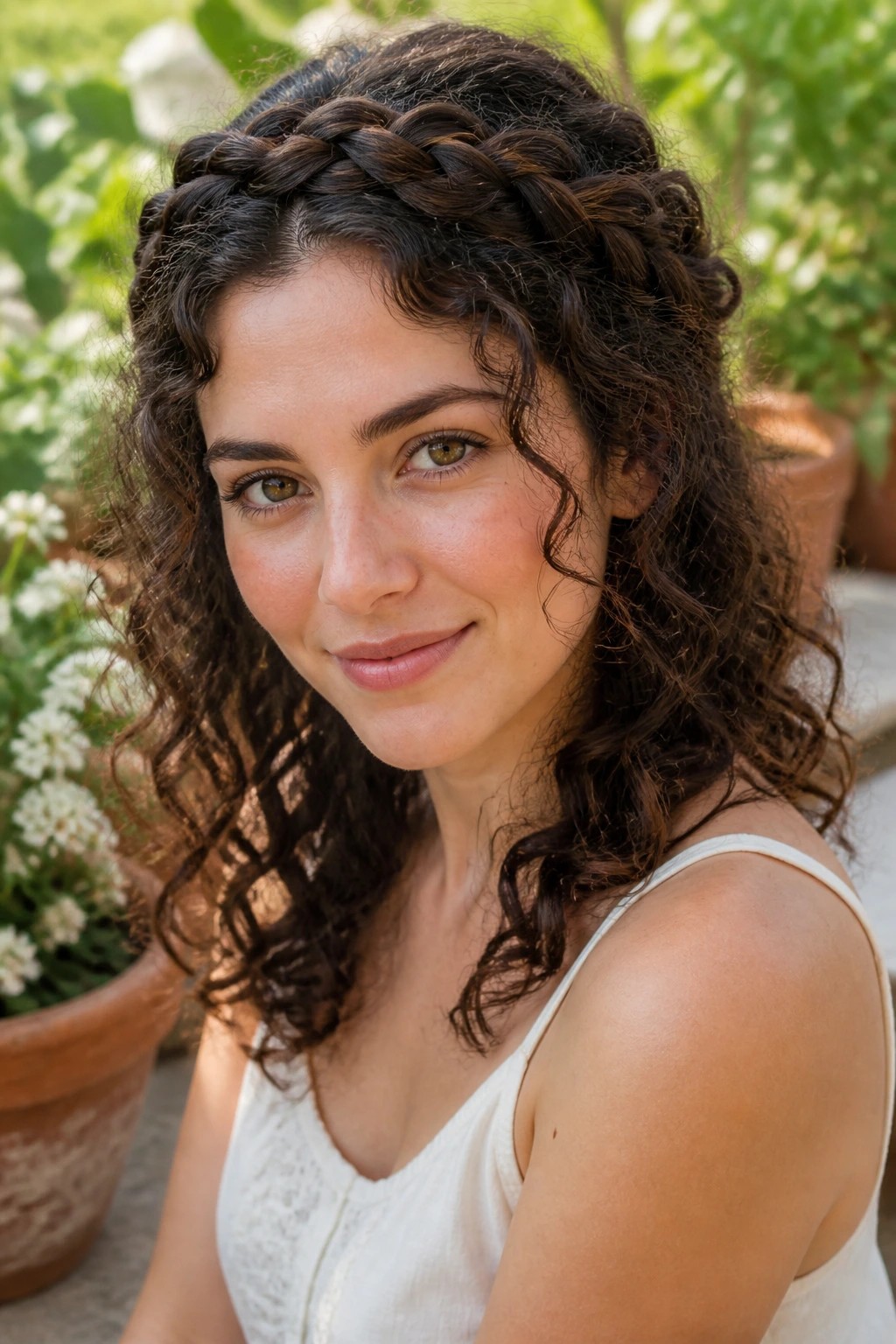 Close-up portrait of a real woman with a braided crown and loose curls.