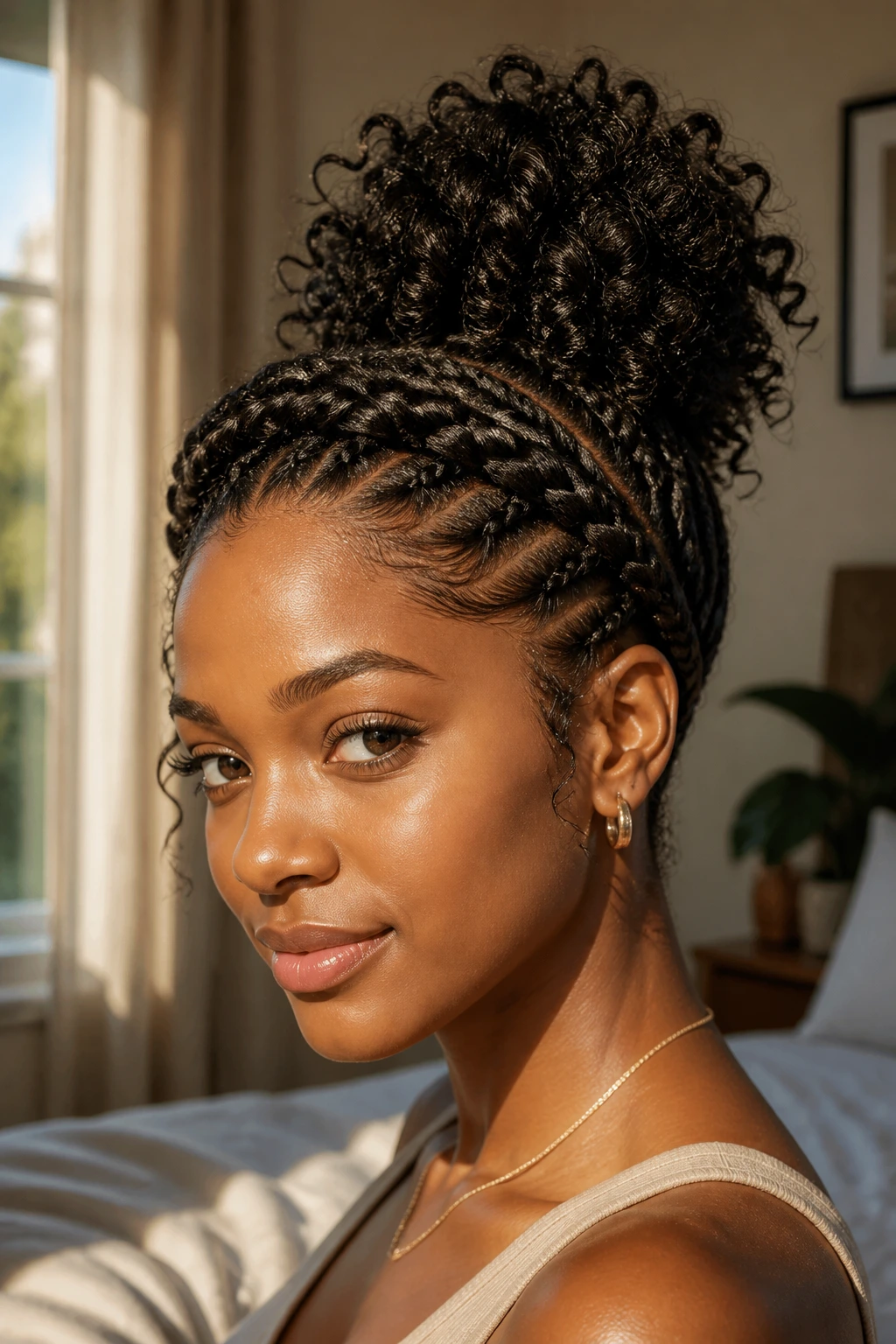 Close-up of a real woman with braided crown and high curly pineapple hairstyle