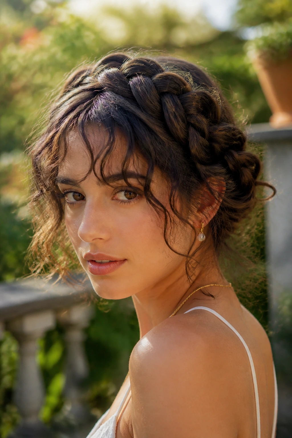 Close-up of a woman with braided crown and free-falling curtain bangs in garden light