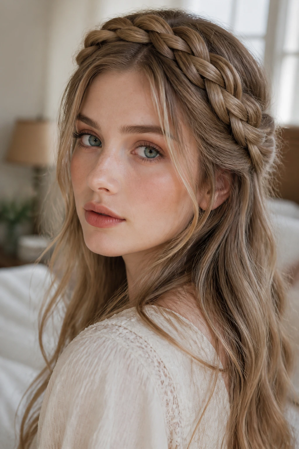 Close-up of a real woman with a loose braided crown on long dark blonde hair with wheat highlights