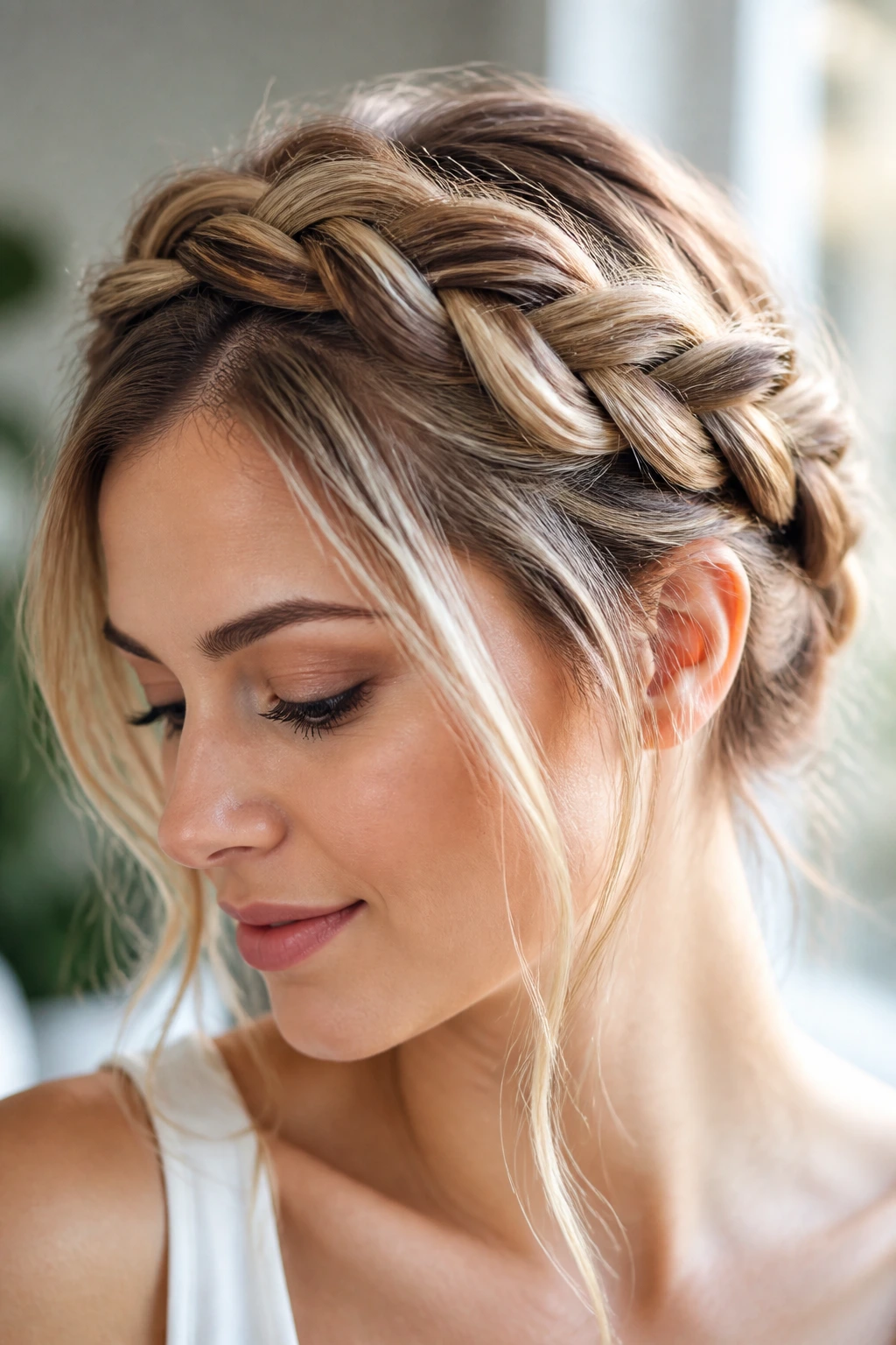Close-up of a real person with a braided crown showing fine dimension and babylights.