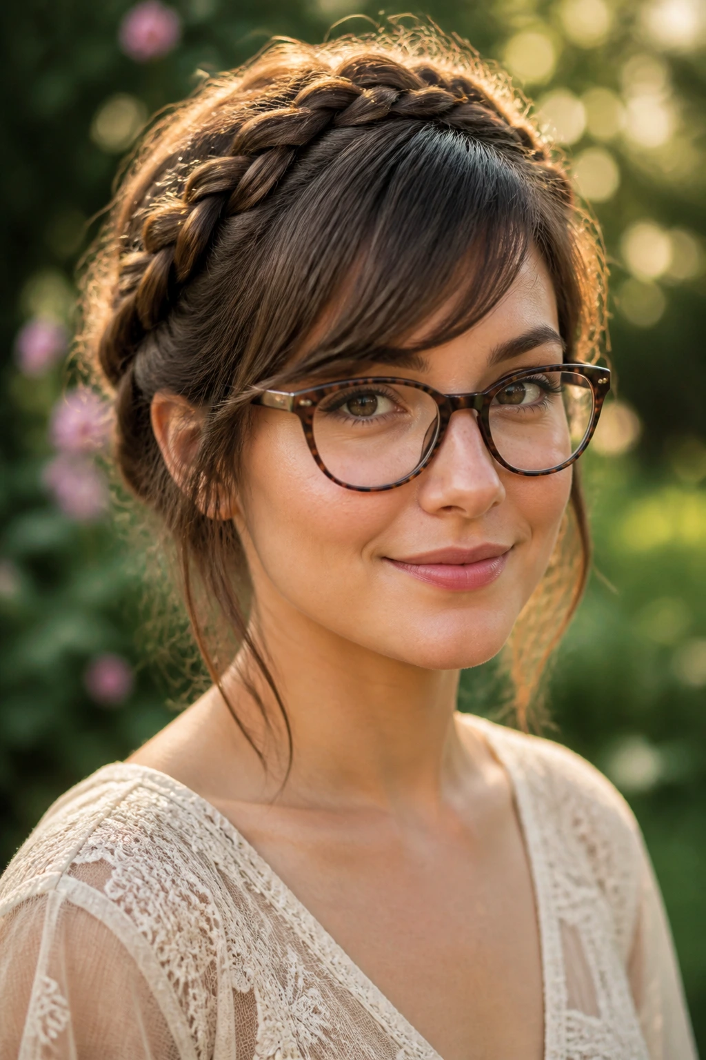 Close-up portrait of a real woman with a braided crown framing the face