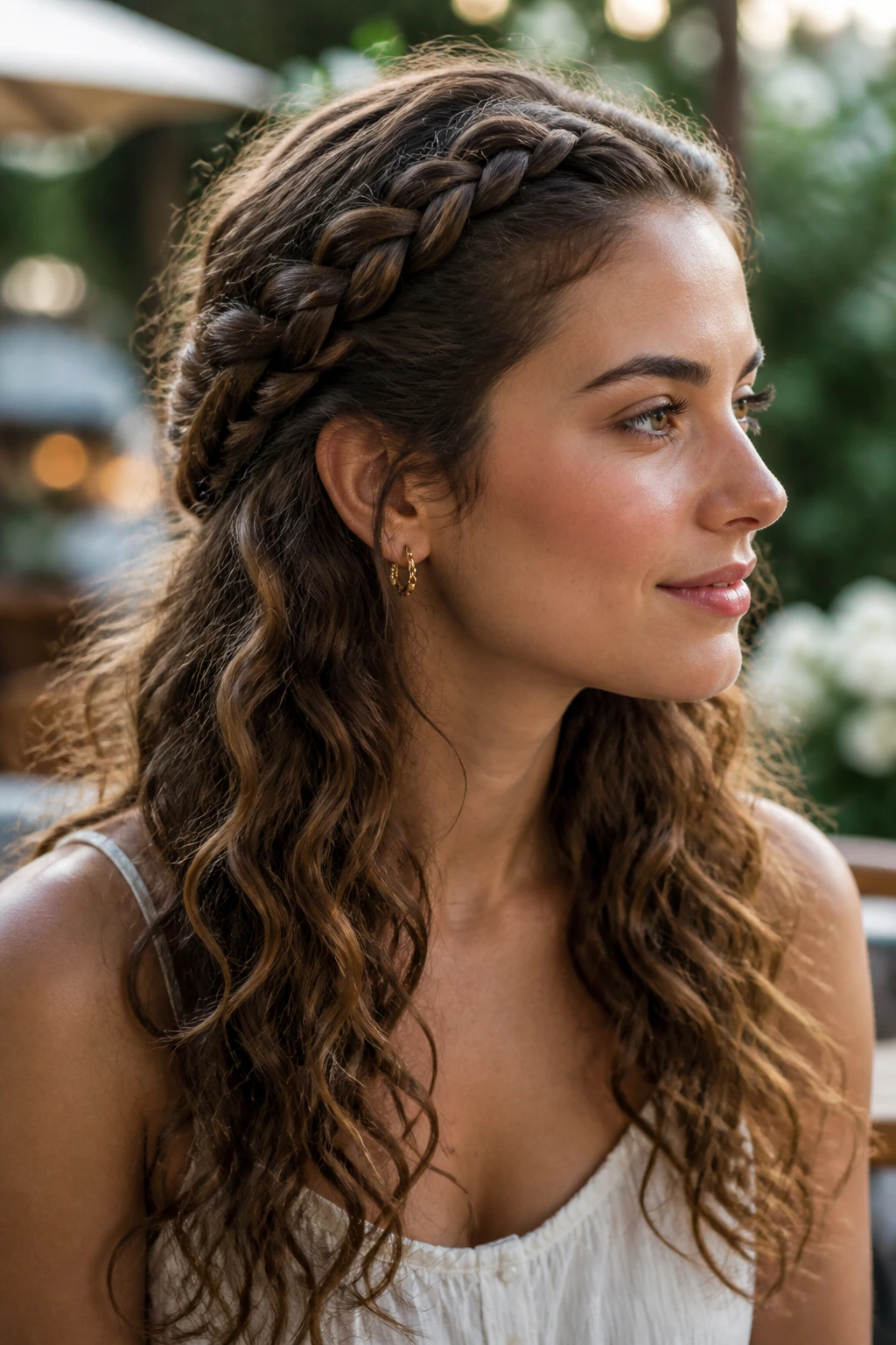 Close-up of a braided crown starting behind the ear with loose waves.