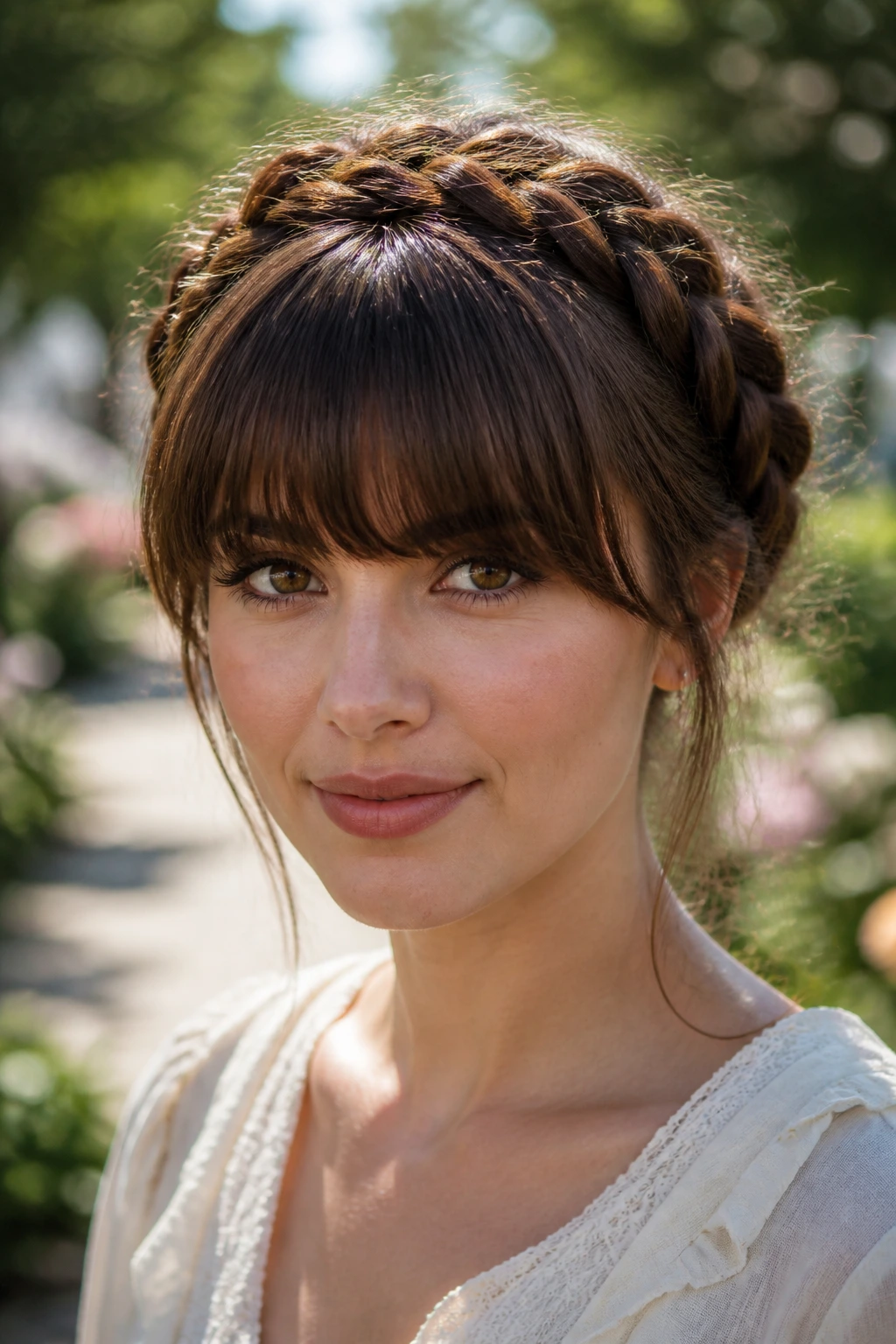 Portrait of a real woman with braided crown and heavy fringe