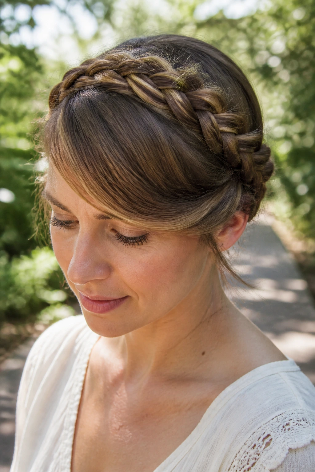 Portrait of a woman with a braided crown hiding the front pieces.