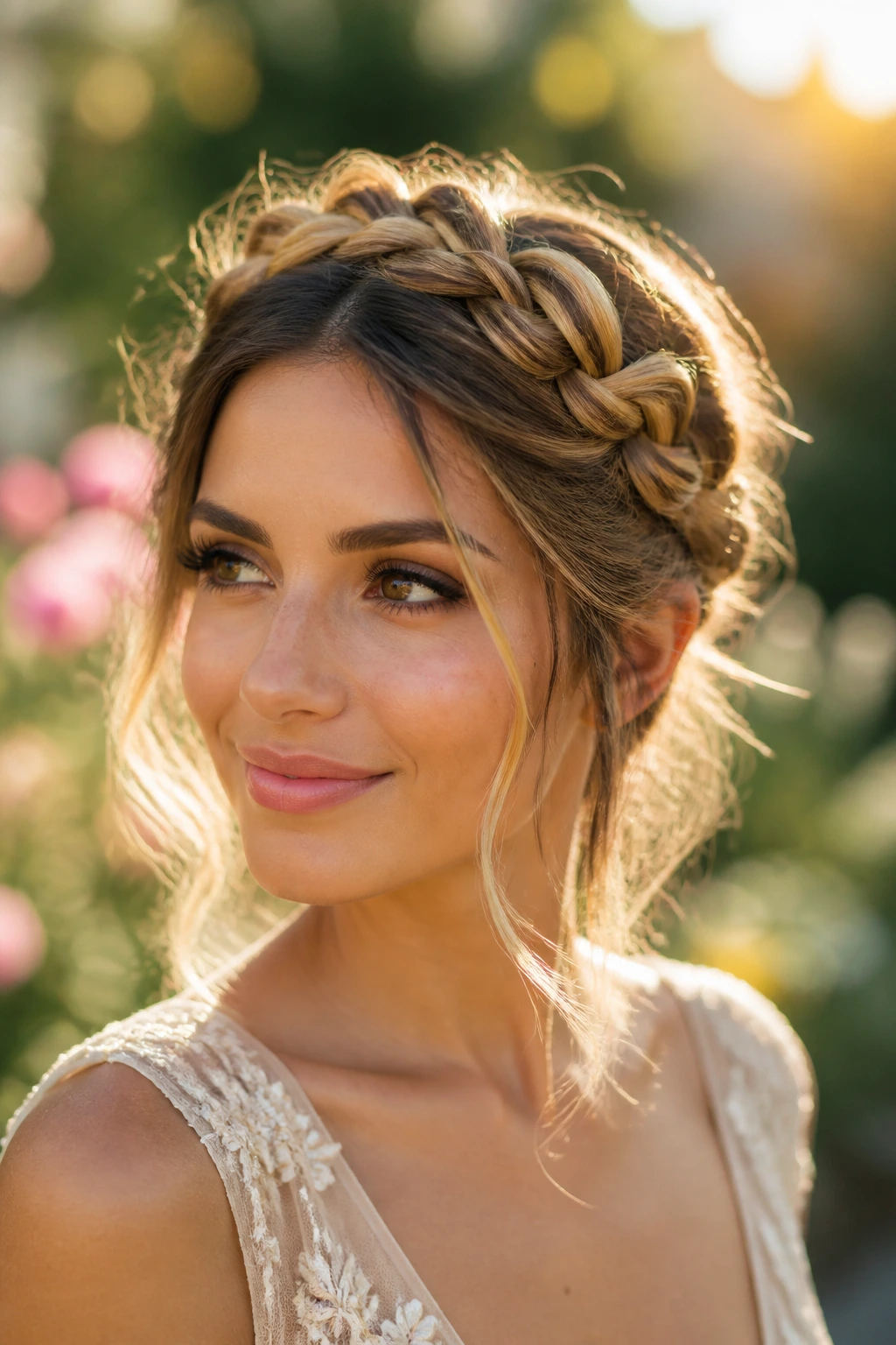 Close-up of a real woman with a braided crown and golden strands in warm sunlight