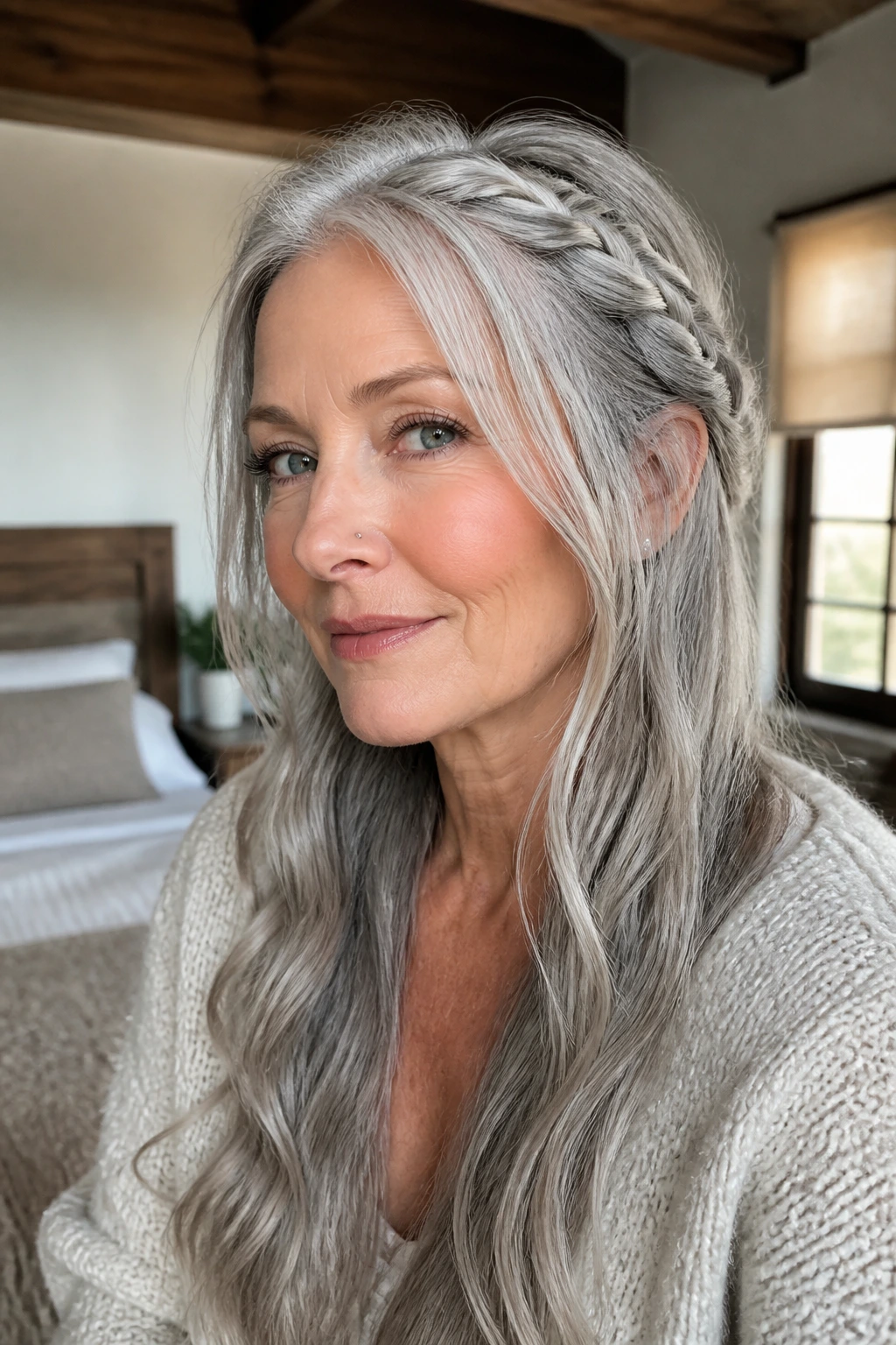 Close-up portrait of a real woman with a loose crown braid on long gray hair