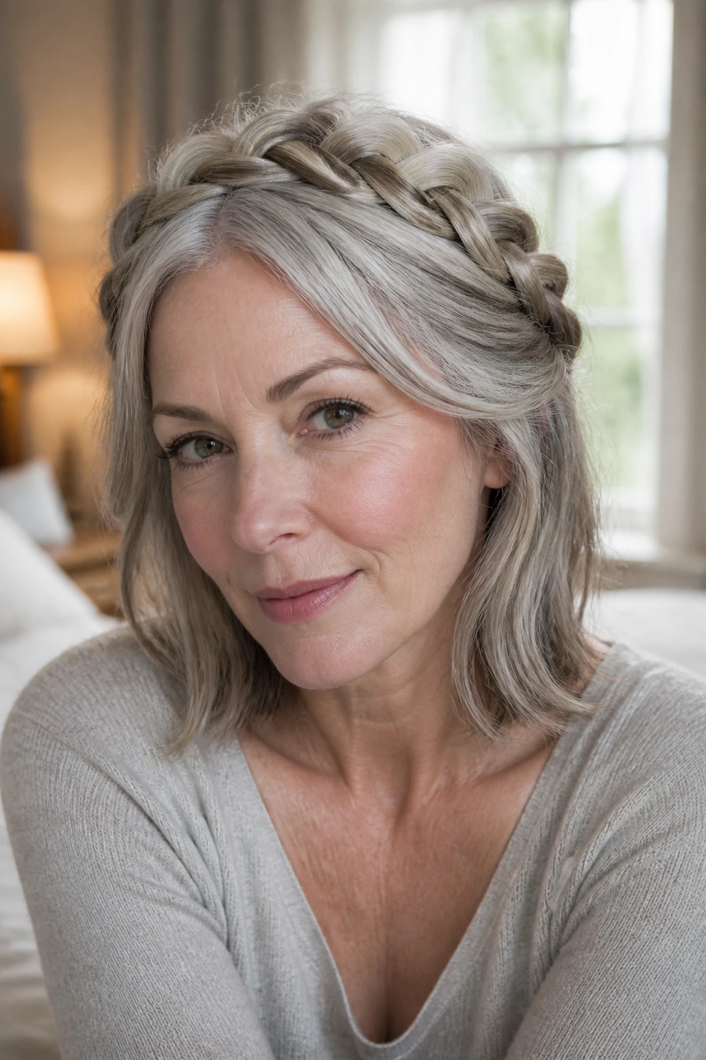 Close-up of a real woman with a braided crown and dimensional mid-length gray hair.