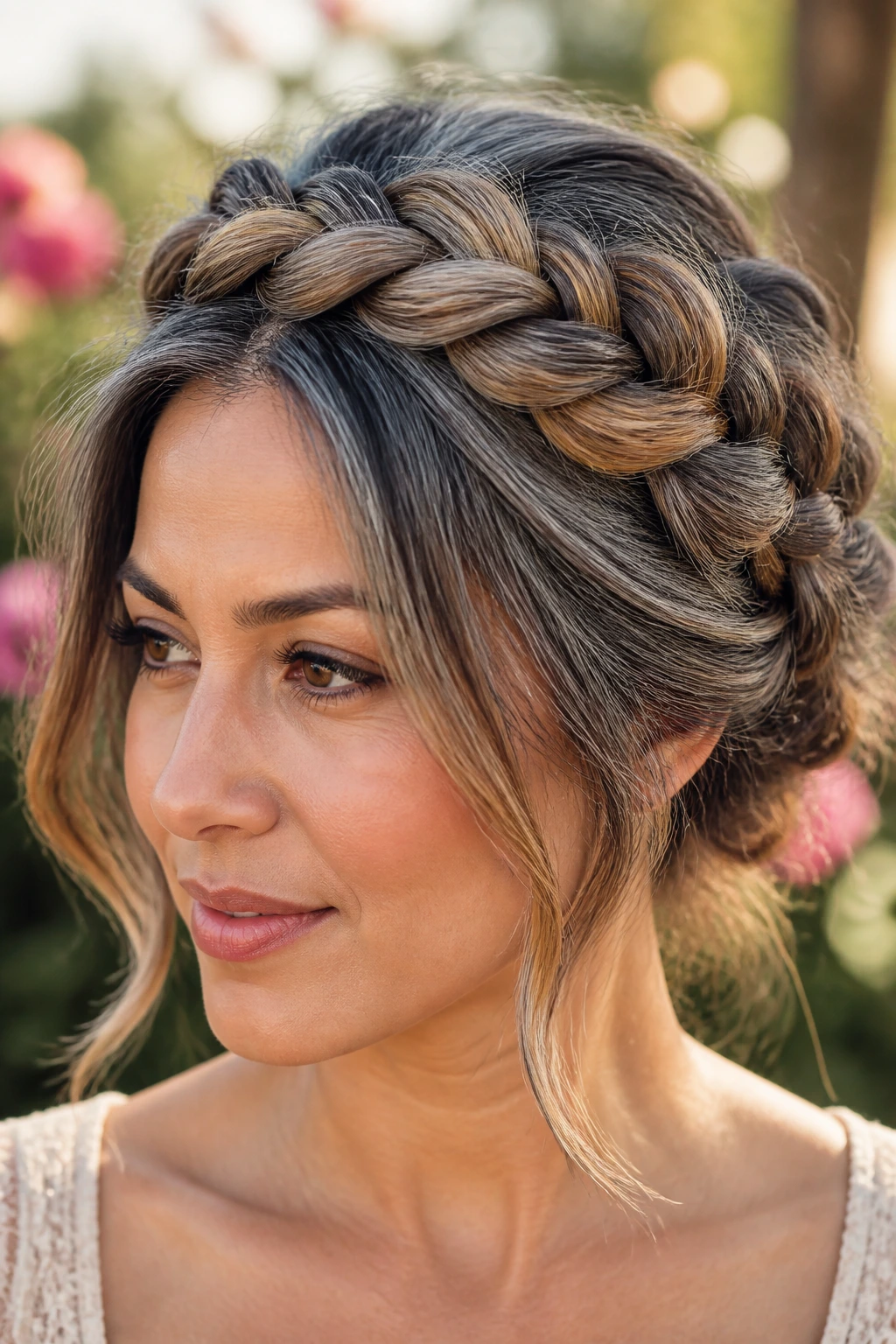 Real woman wearing a braided crown blending grey and caramel tones.