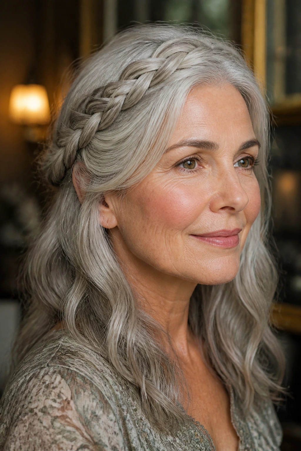 Close-up portrait of a real woman with a braided crown of silver-grey hair