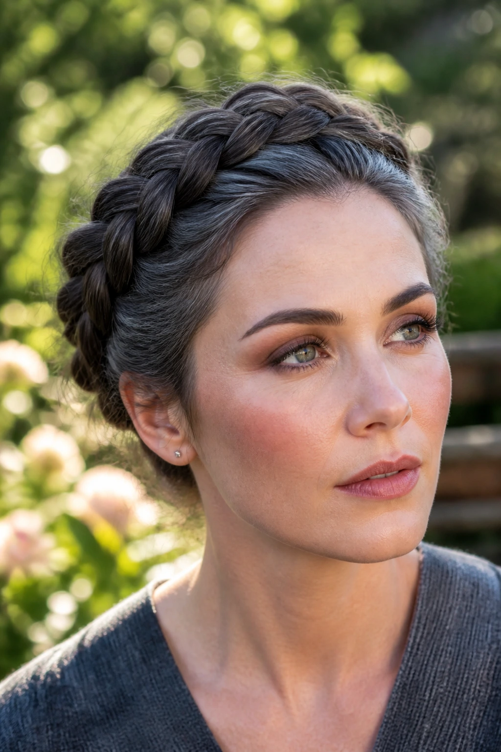 Real woman with smoky brunette braided crown hairstyle outdoors