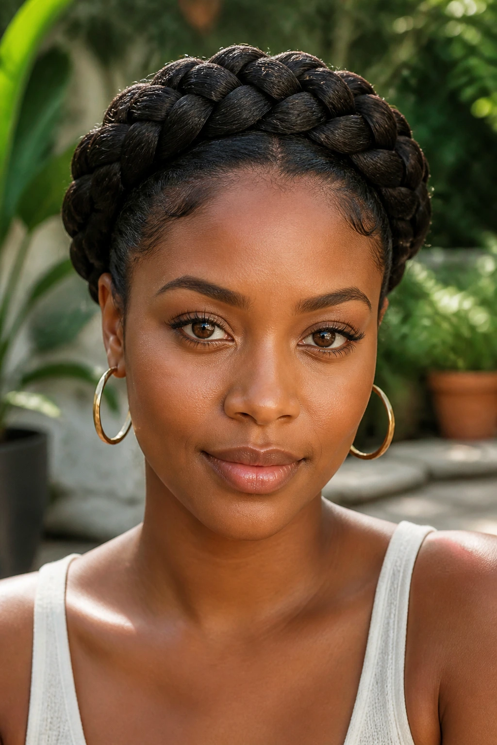 Close-up portrait of a real person with a crown braid circling the head, sunlit garden background