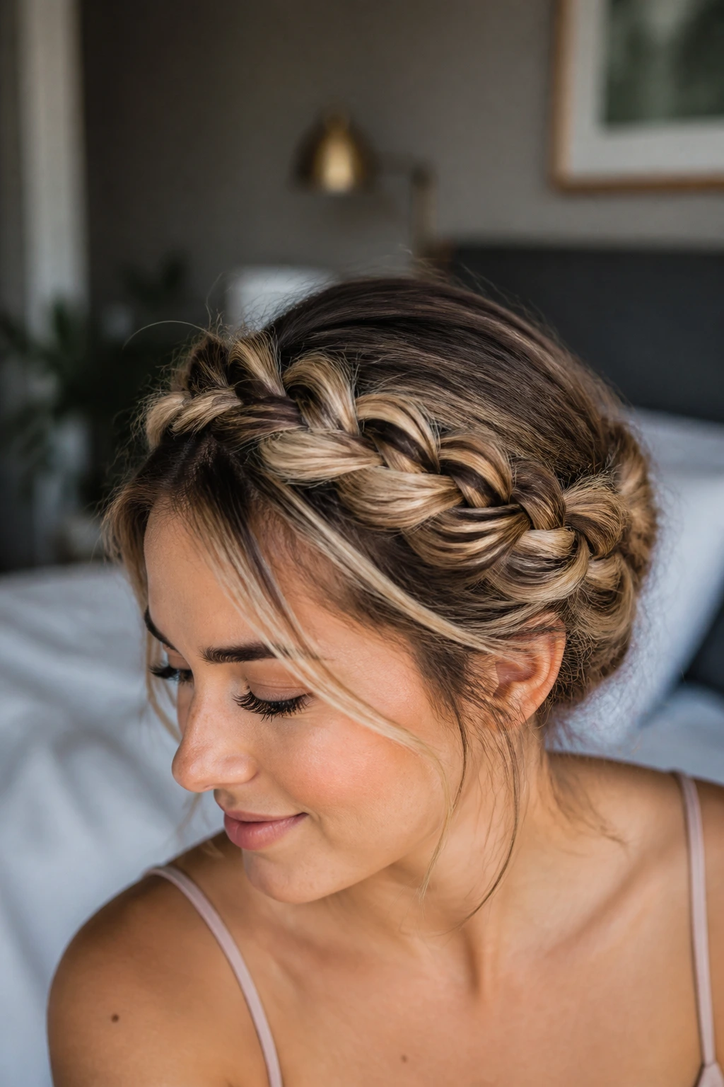Close-up of a real woman with a loose braided crown showing brunette base and blonde highlights.