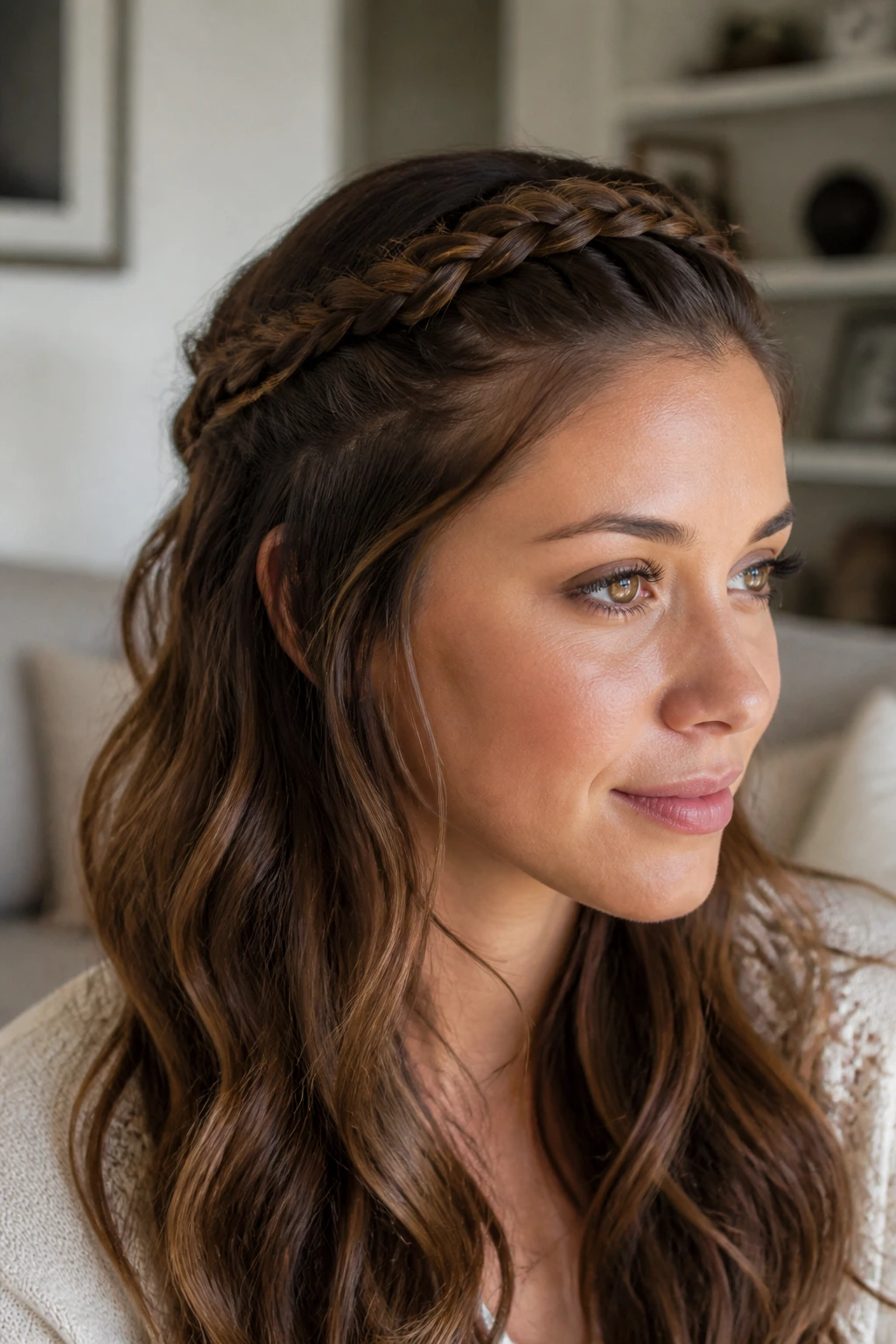 Close-up of a braided crown detail on a real woman with waves.