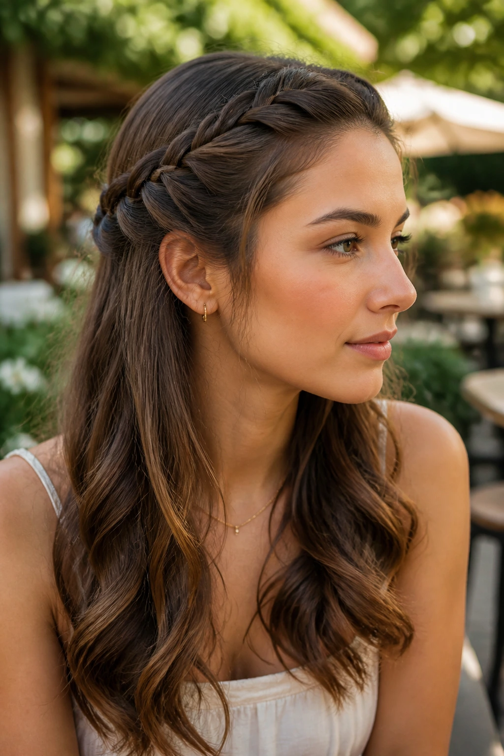 Close-up of real woman with braided crown half-down hairstyle