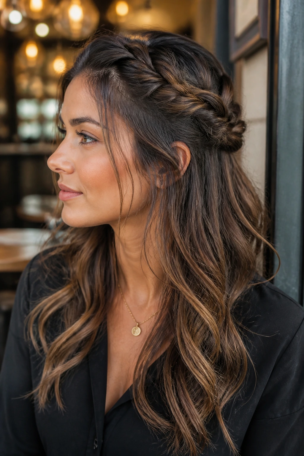 Close-up of a real woman with a crown braid half-up hairstyle