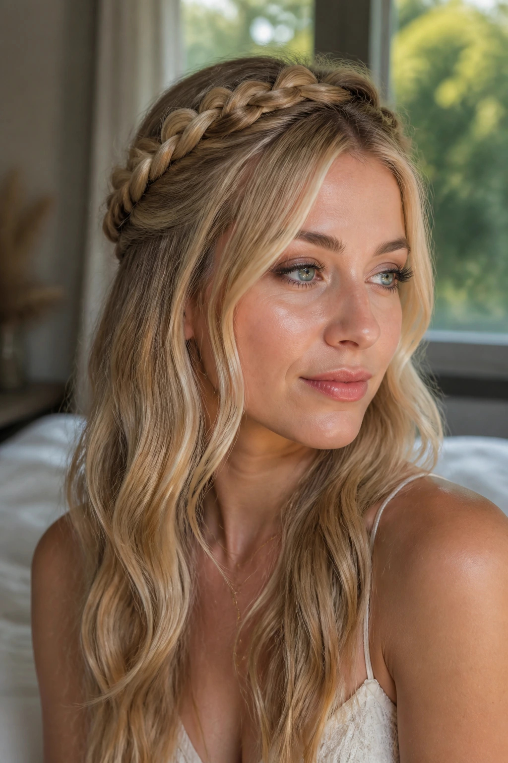 Close-up of a blonde woman wearing a loose braided crown half-up hairstyle with soft face-framing pieces in warm window light