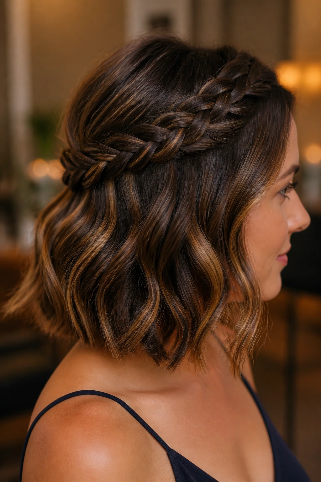 Portrait of a real person with a thick bob featuring a braided crown half-up hairstyle