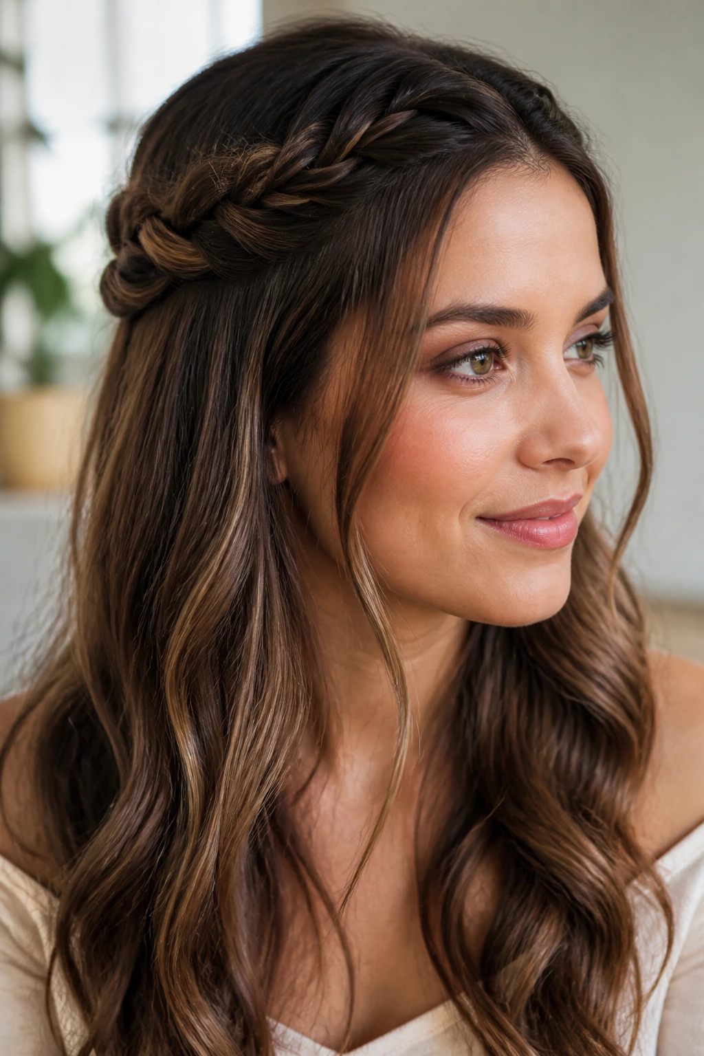 Close-up of a real woman with a braided crown half-up and loose waves