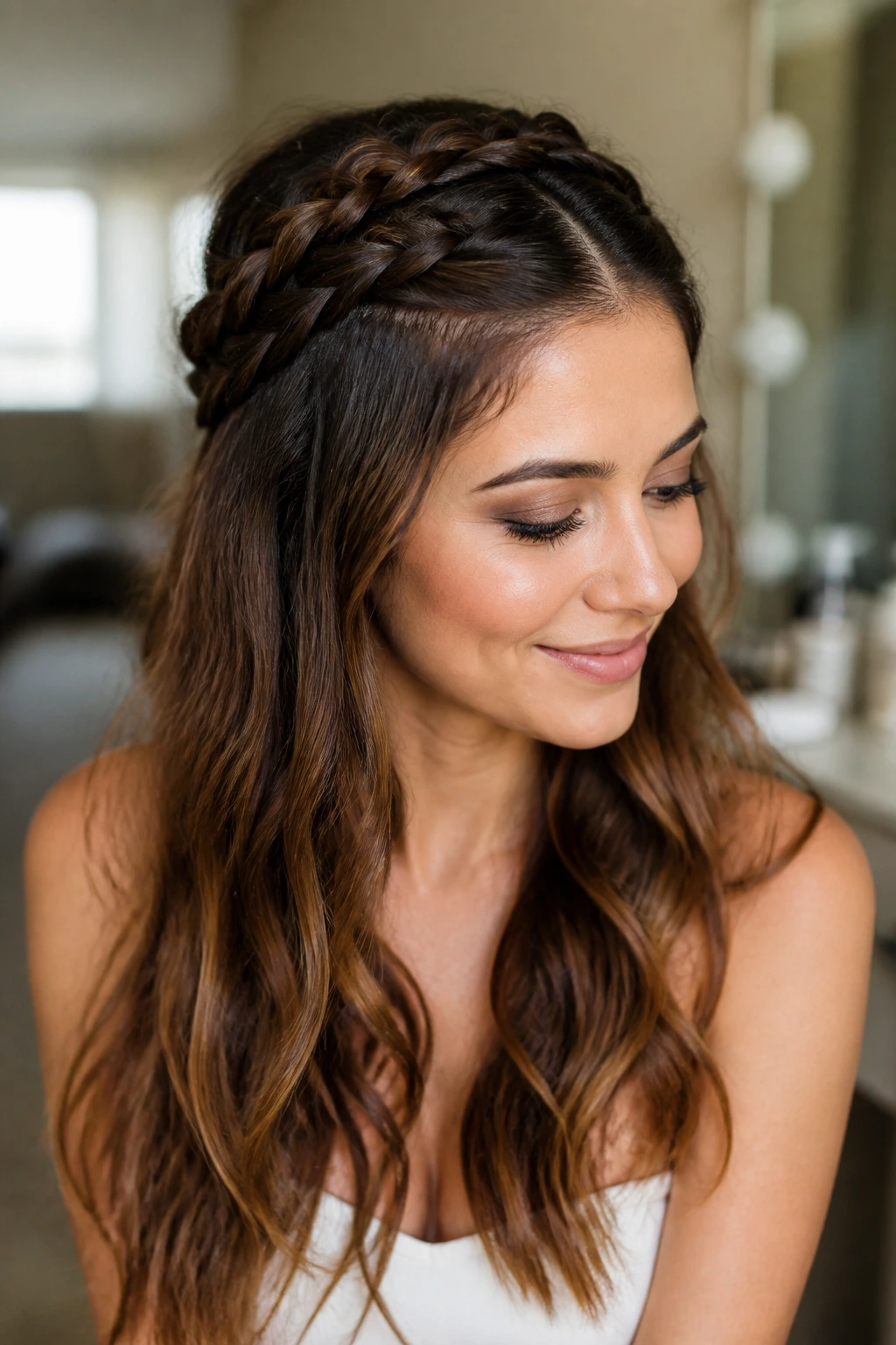 Close-up of a real woman with braided crown halo half-up hairstyle