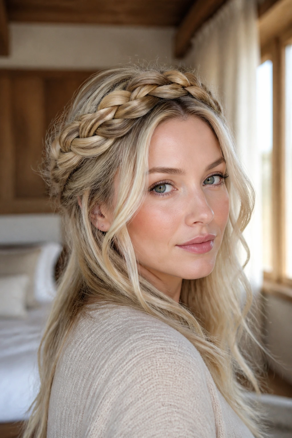 Close-up of a real woman wearing a braided crown halo blonde framing pale skin