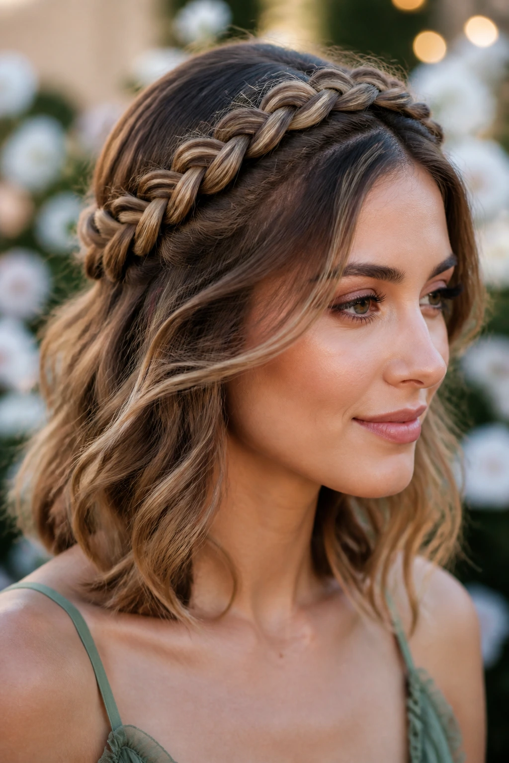 Close-up of a real woman wearing a braided crown halo