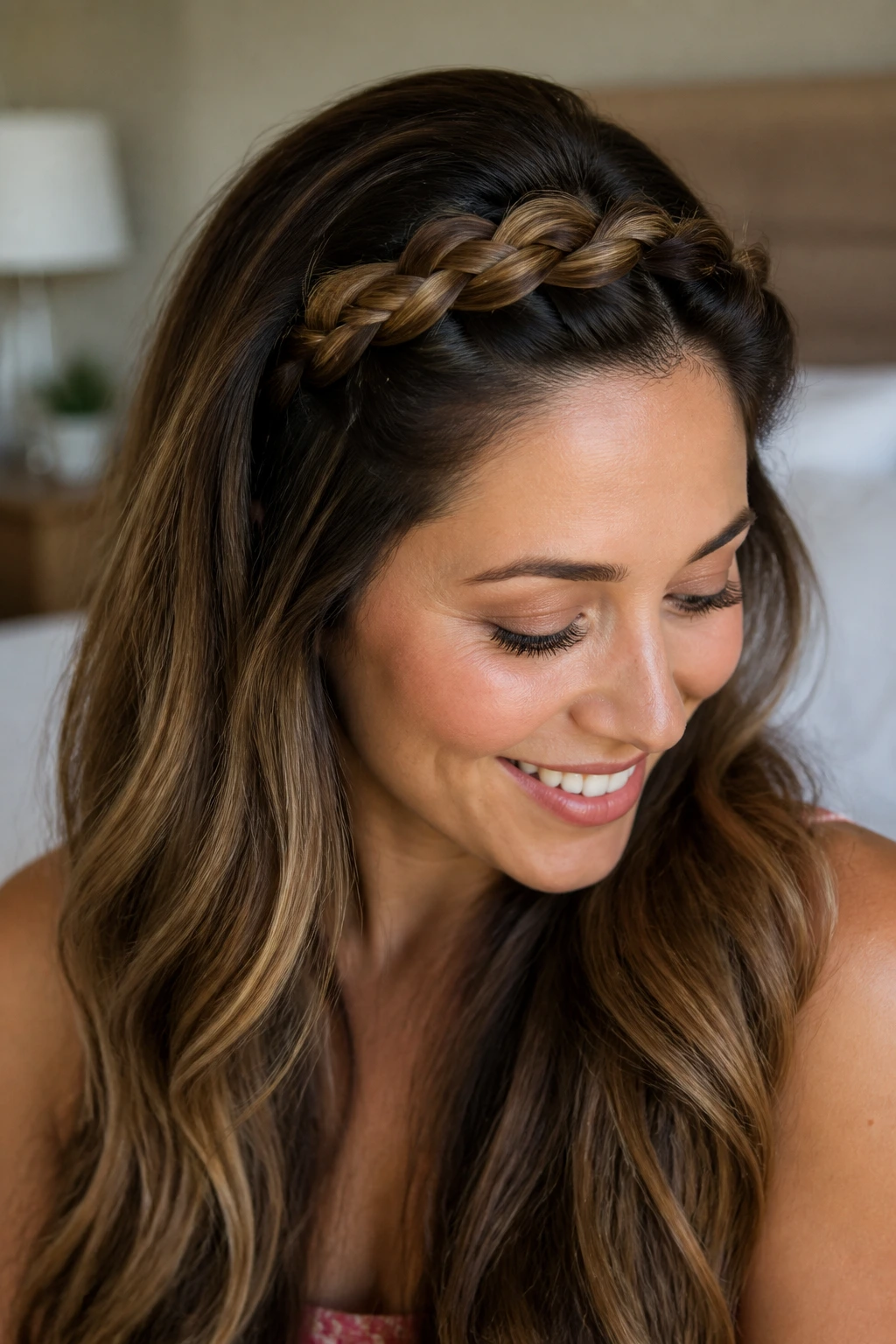 Close-up of a real woman with a front crown braid across the head