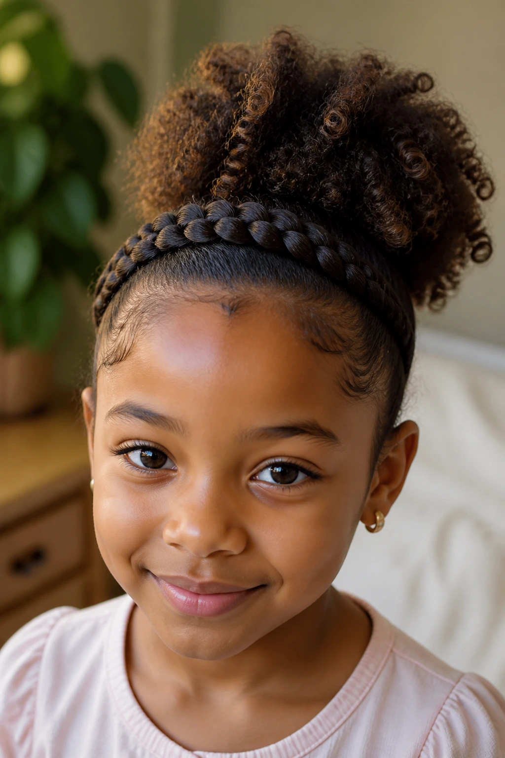 Close-up of braided crown and high puff on a young girl's head
