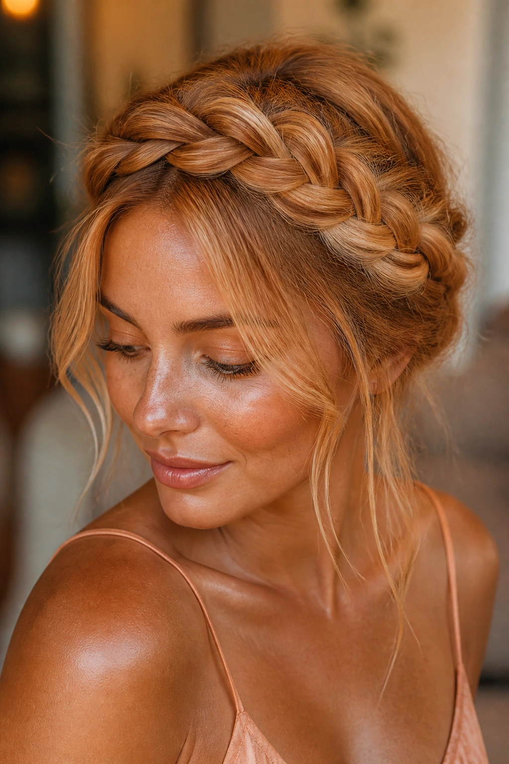 Real person with braided crown and dimensional highlights framing the face.