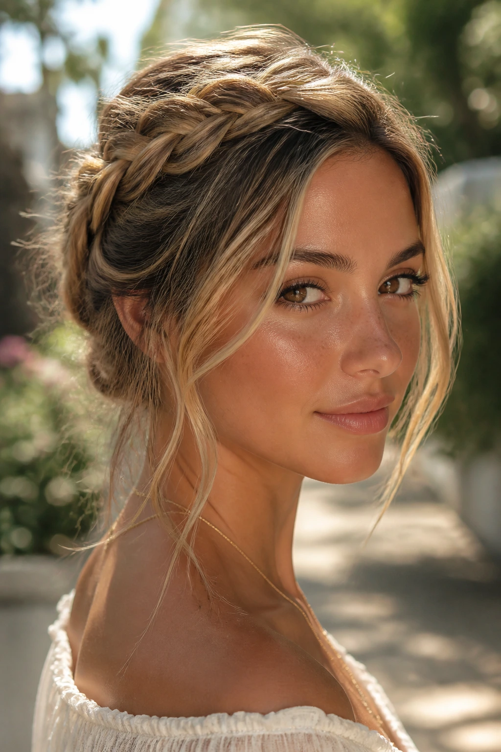 Close-up of a woman wearing a loose braided crown with warm light strands