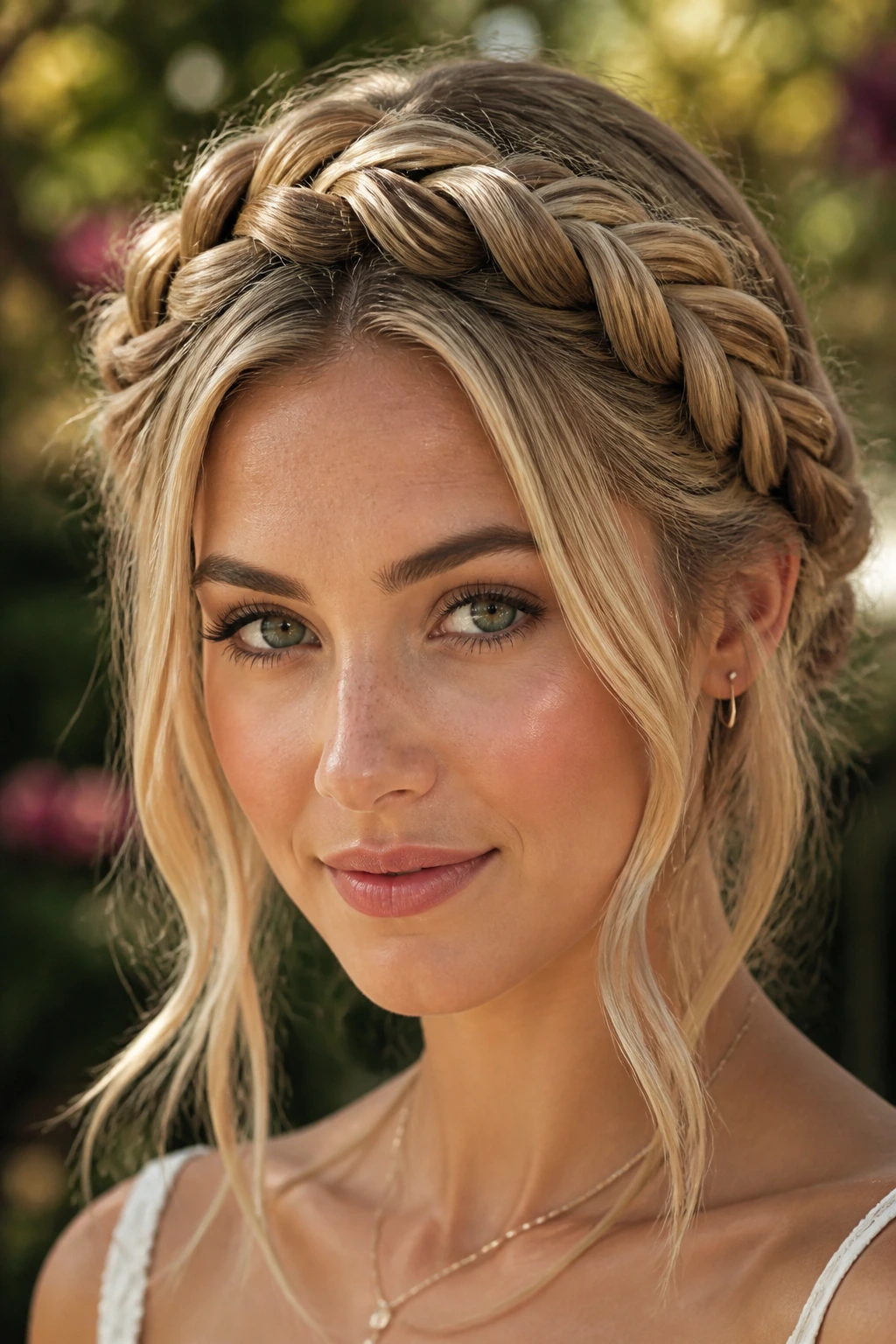 Real woman wearing a braided crown with warm honey highlights