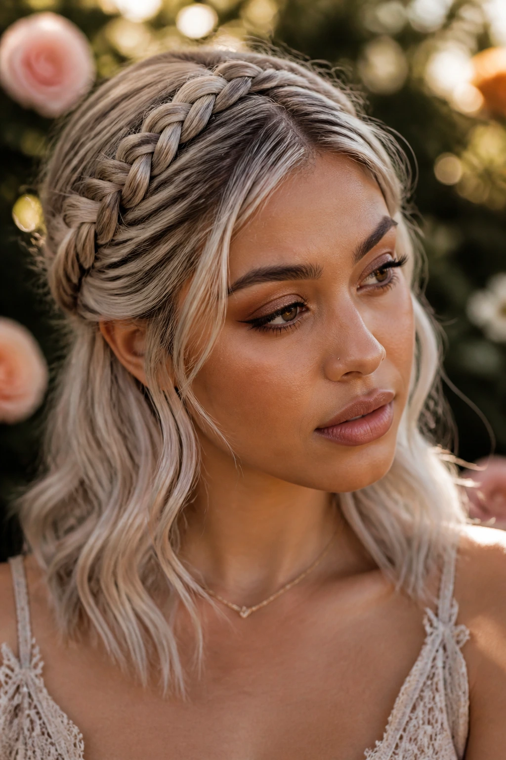 Real woman with braided crown and icy lengths in golden hour garden