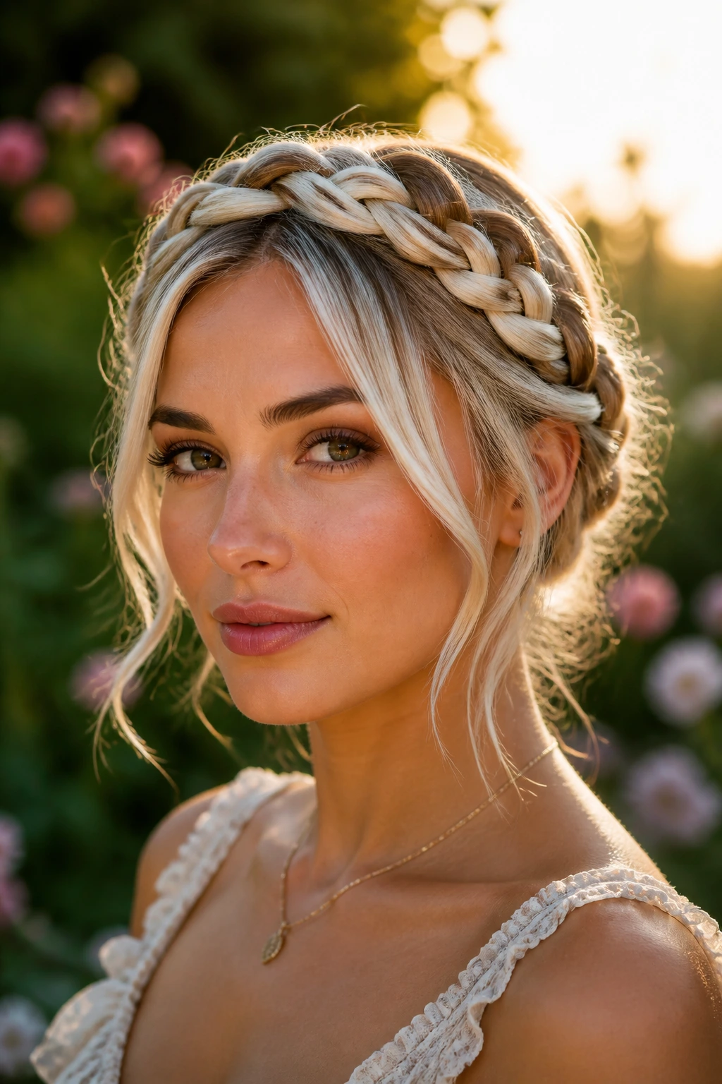 Close-up of braided crown with icy strands on a real person