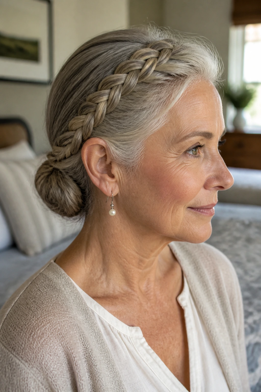 Real woman wearing crown braids turning into a low knot at the nape