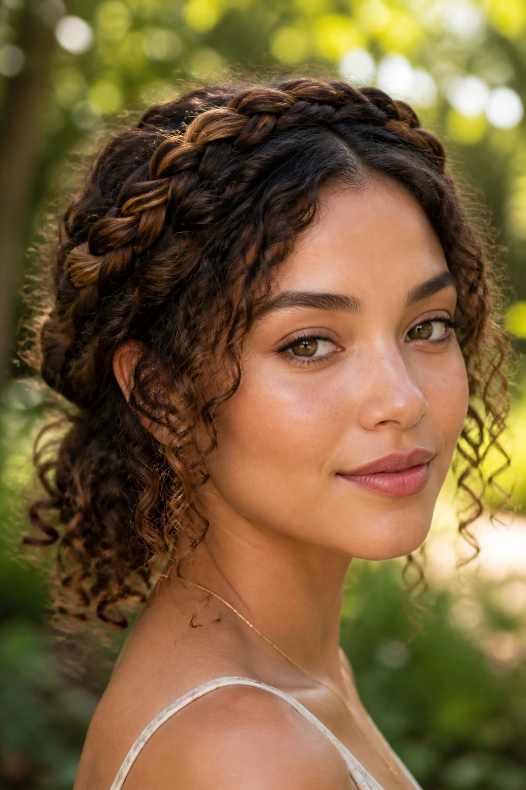 Close-up portrait of a real person with braided crown and loose curls in an outdoor garden