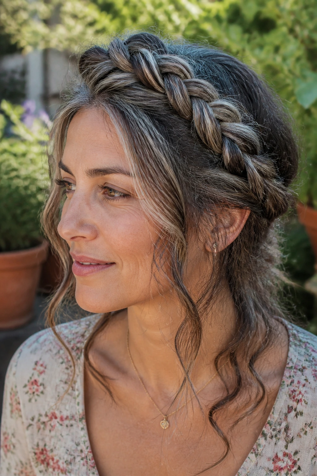 Close-up portrait of a real person with a braided crown and loose ends