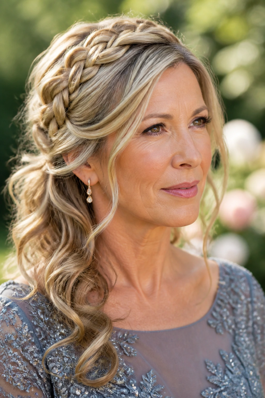Portrait of a woman wearing a braided crown with loose ends