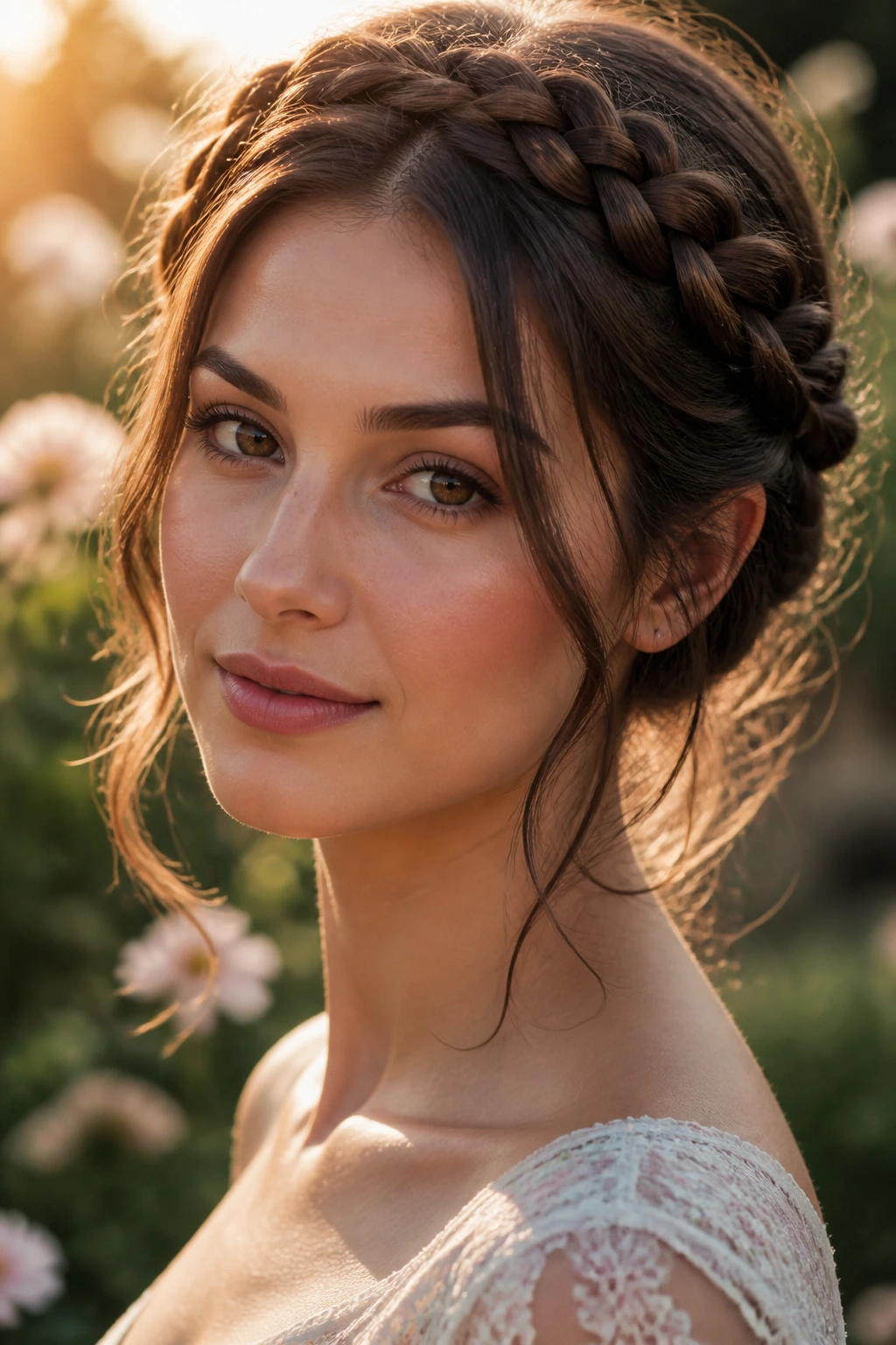 Real woman wearing a braided crown with loose face-framing strands, soft garden light