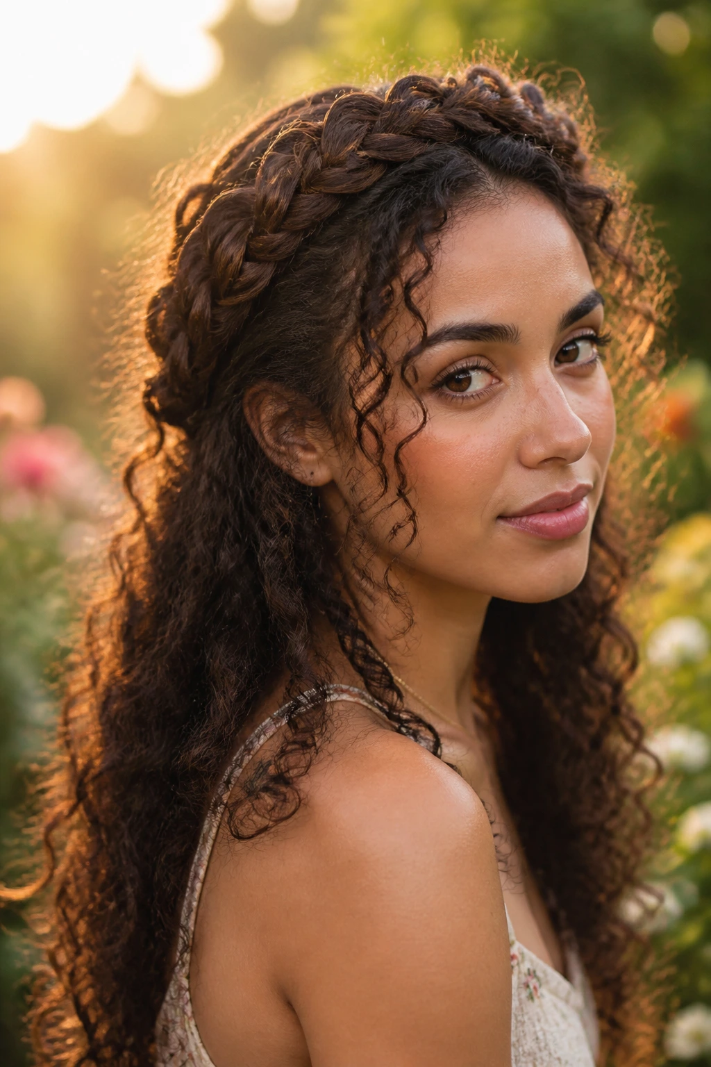 Close-up portrait of a real woman wearing a braided crown with loose curly length.