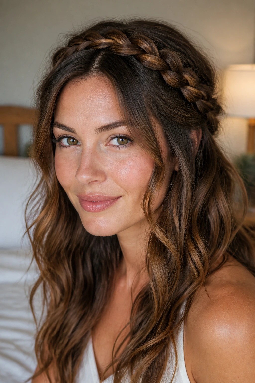 Close-up of a woman with a braided crown and loose wavy length in natural light