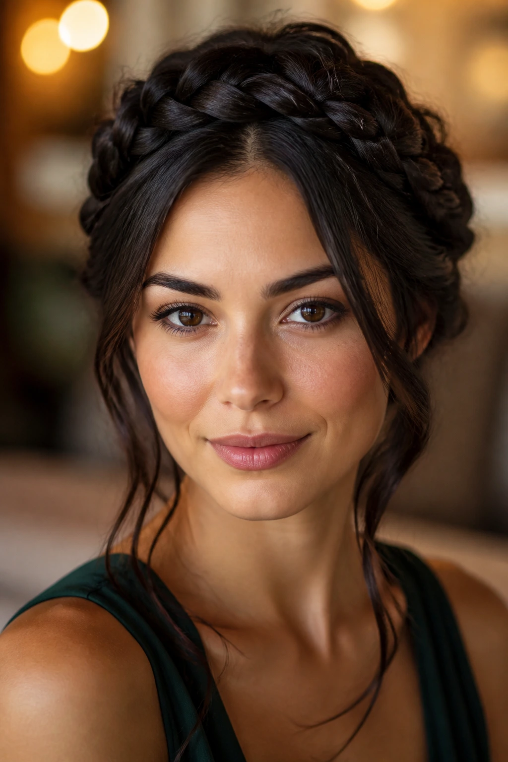 Close-up of real woman with braided crown and loose tendrils around temples