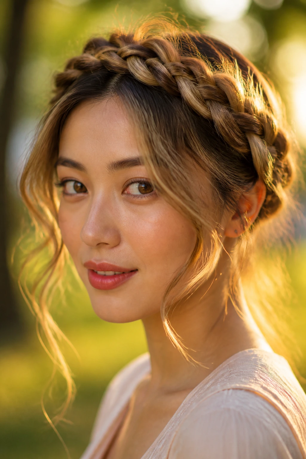Close-up of braided crown with loose tendrils in warm outdoor light