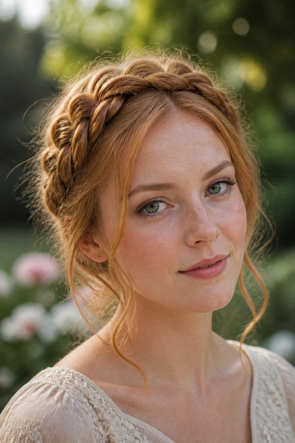 Close-up portrait of a real woman with braided crown and loose tendrils in strawberry-blonde hair